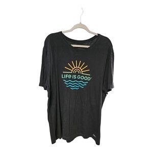 Black Graphic T-Shirt with Sun and Waves